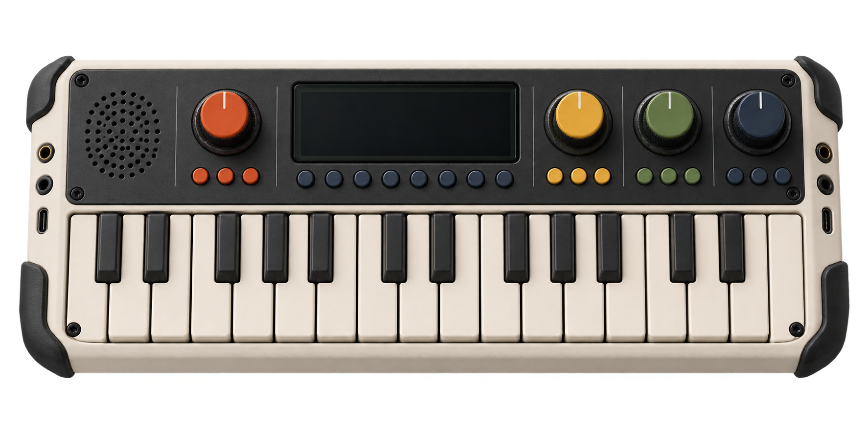 Detailed concept render of the FC-01 Portable Instrument: a cream portable synthesizer with mini keys, speaker, knobs, buttons, screen, and side I/O.